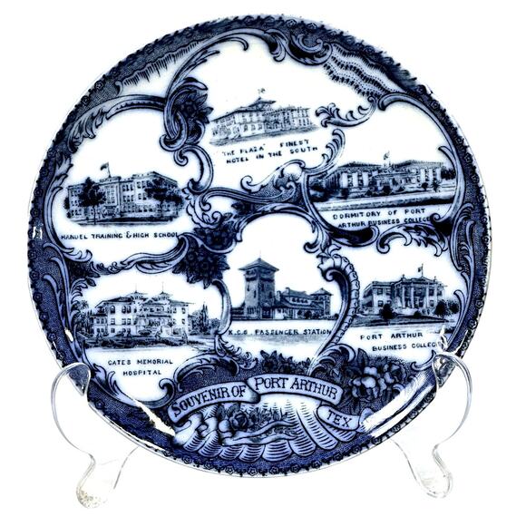 Wheelock England Flow Blue Picturesque Port Arthur Texas Vintage Souvenir Plate - Picture 1 of 7